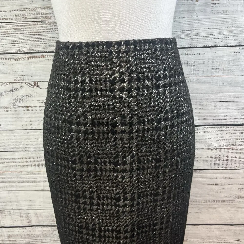 Liz Claiborne Skirt sz 6 Black Silver Sparkle Plaid Wool Pencil Knee Suit Career - Picture 3 of 8